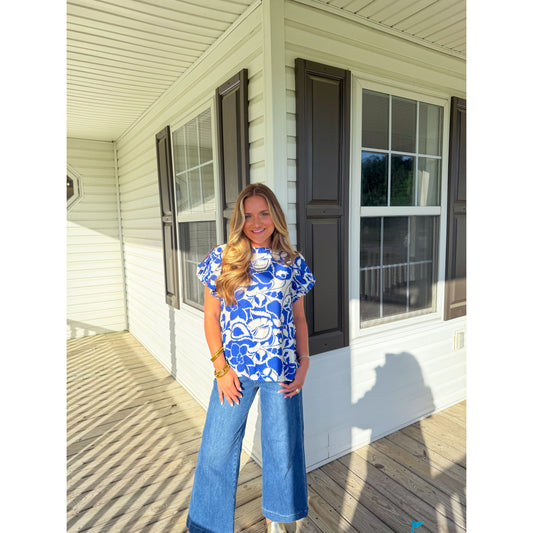Bristol Floral Blouse, Ivory/Royal Blue
