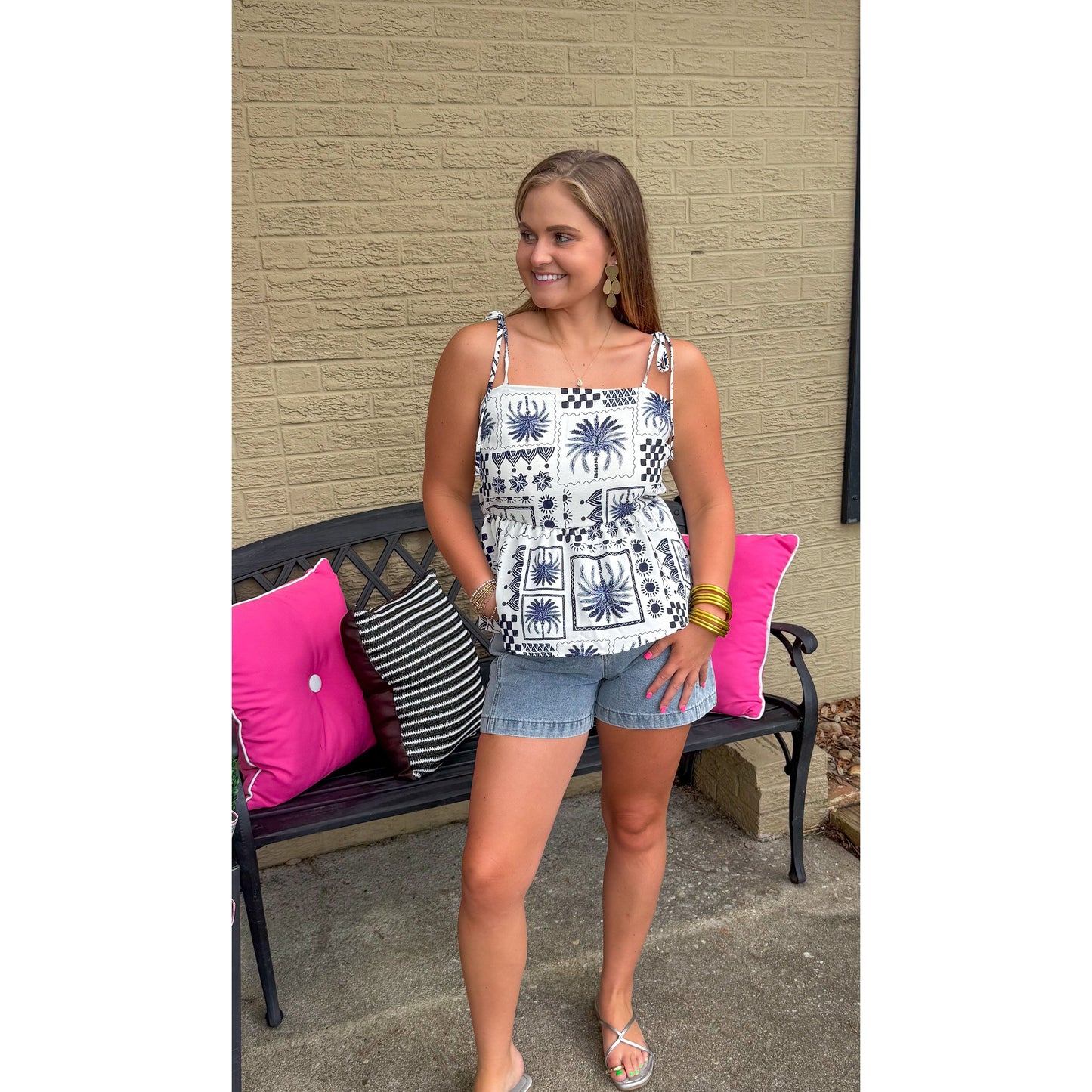 Abstract Print Top, Ivory/Navy