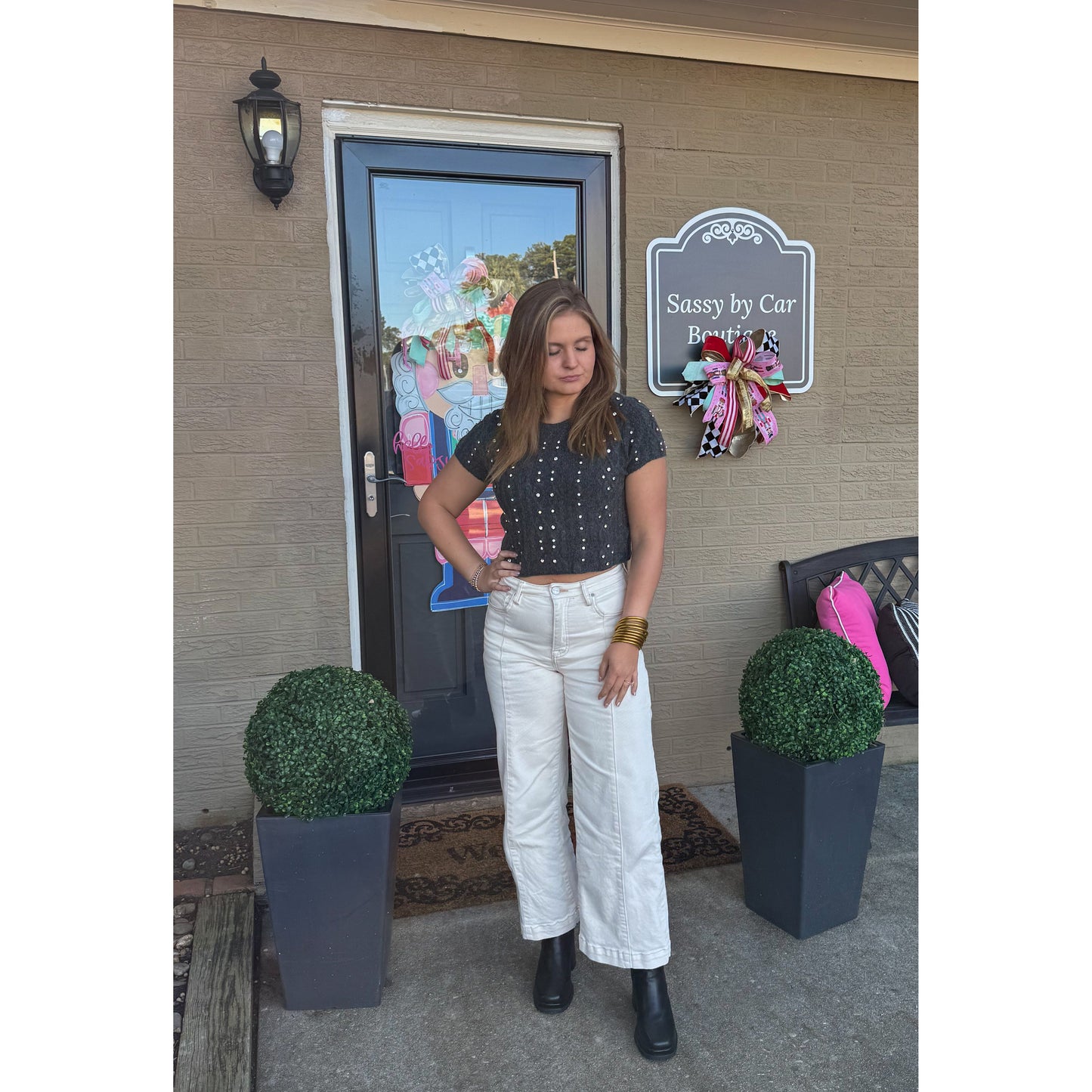 Brittany Detail Top, Charcoal