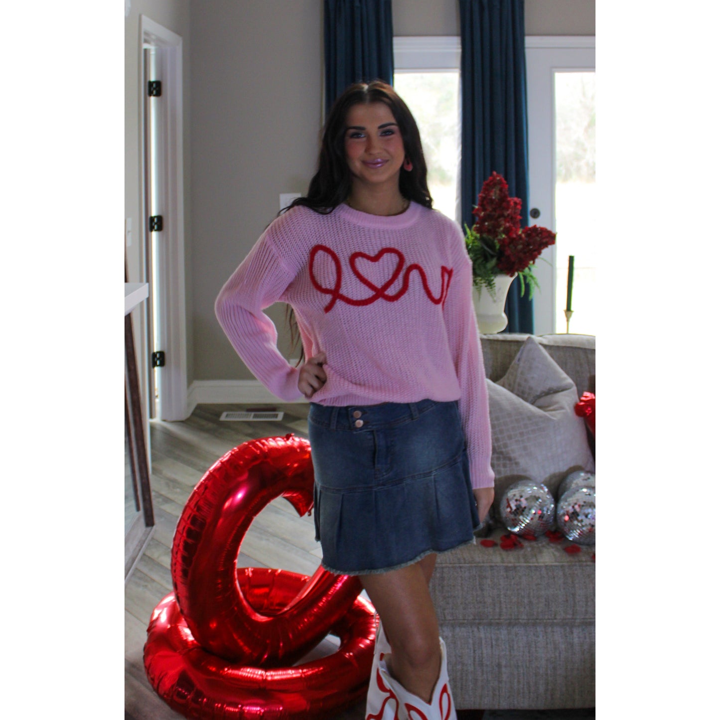 This Means Love Sweater, Baby Pink/Red