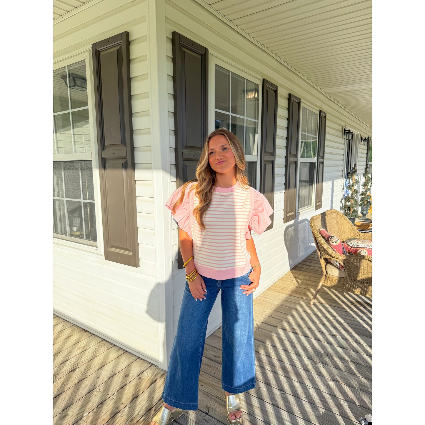 Margo Stripe Top, Light Pink/Cream