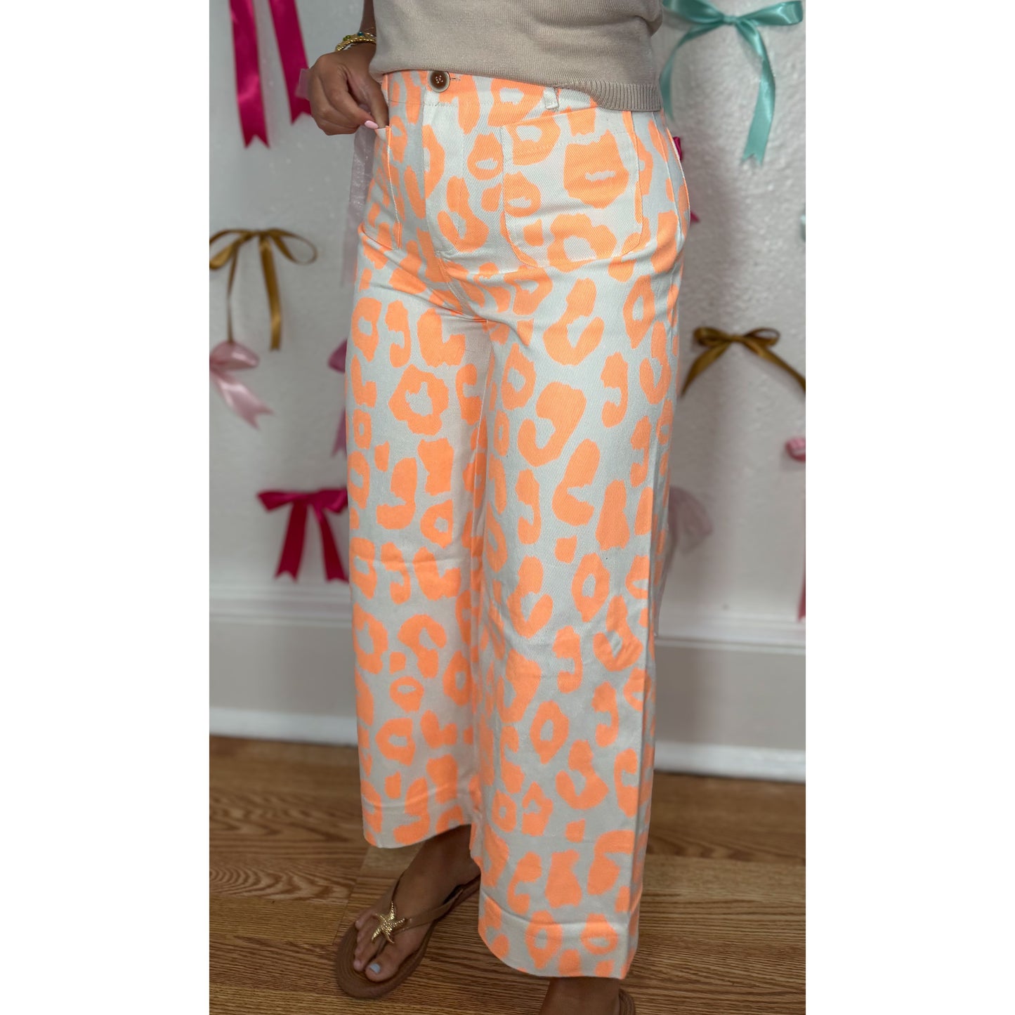 Neon Orange Leopard Wide Leg Pants
