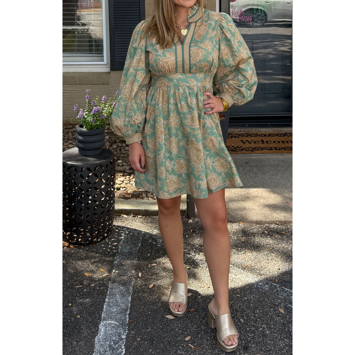 Jordyn Mini Dress, Gold/Sage Green