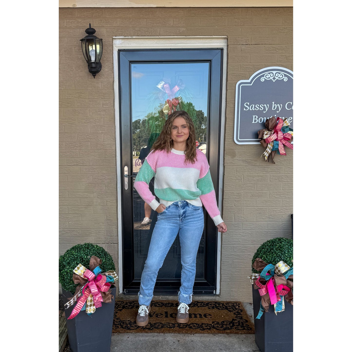 Aubrey Stripe Sweater, Pink/Green