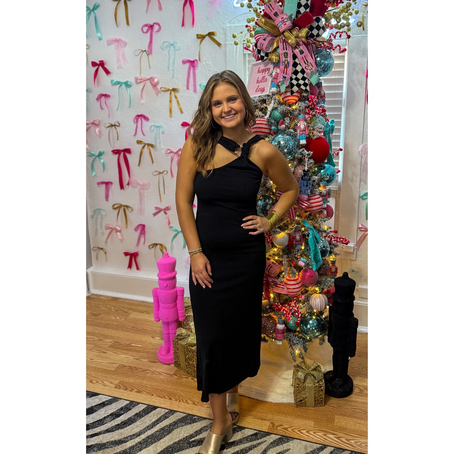 One Shoulder Black Midi Dress