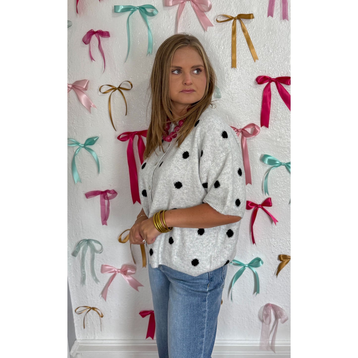 Polka Dot Sweater Cardigan, Grey/Black