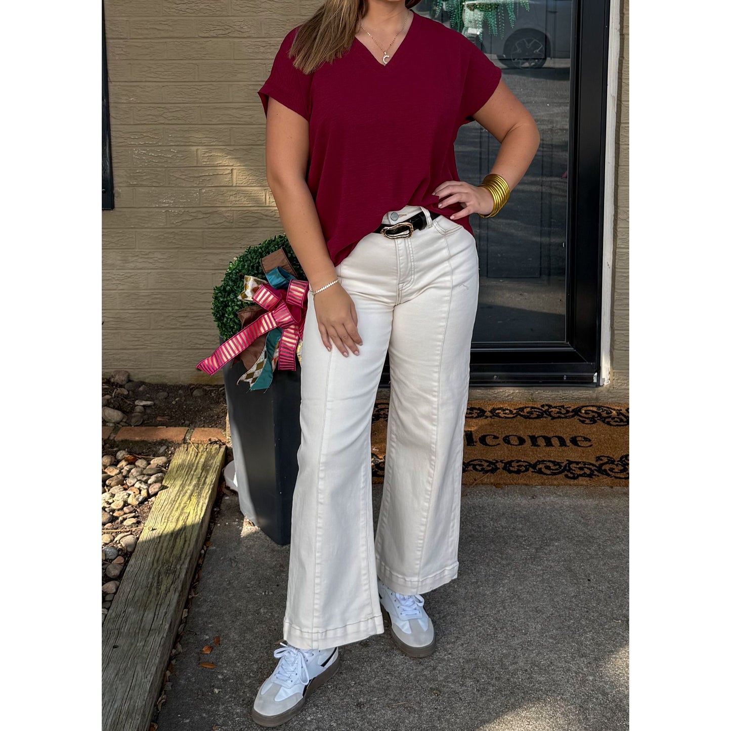 Stevie V-Neck Top, Burgundy