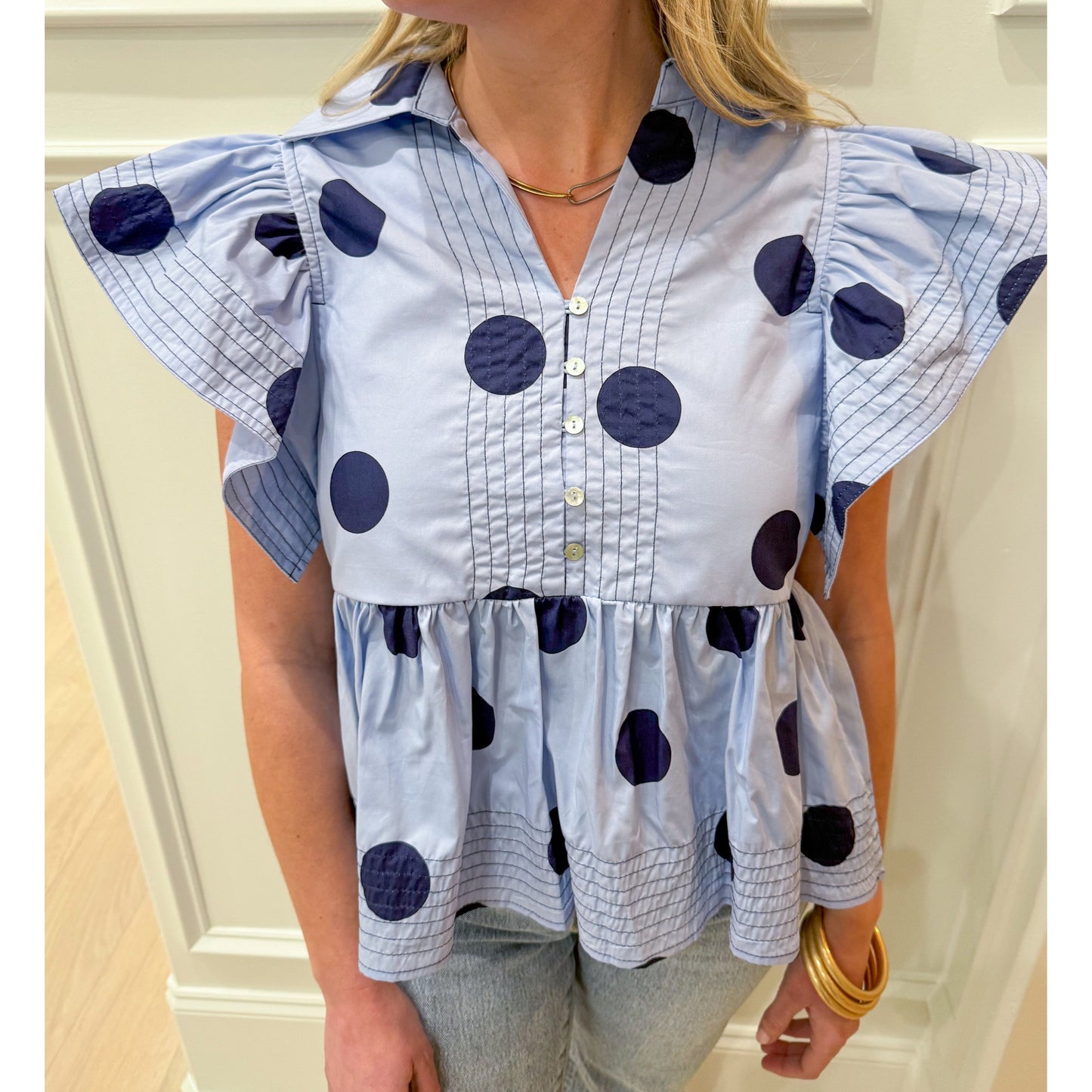 Polka Dot Ruffle Blouse, Navy Multi