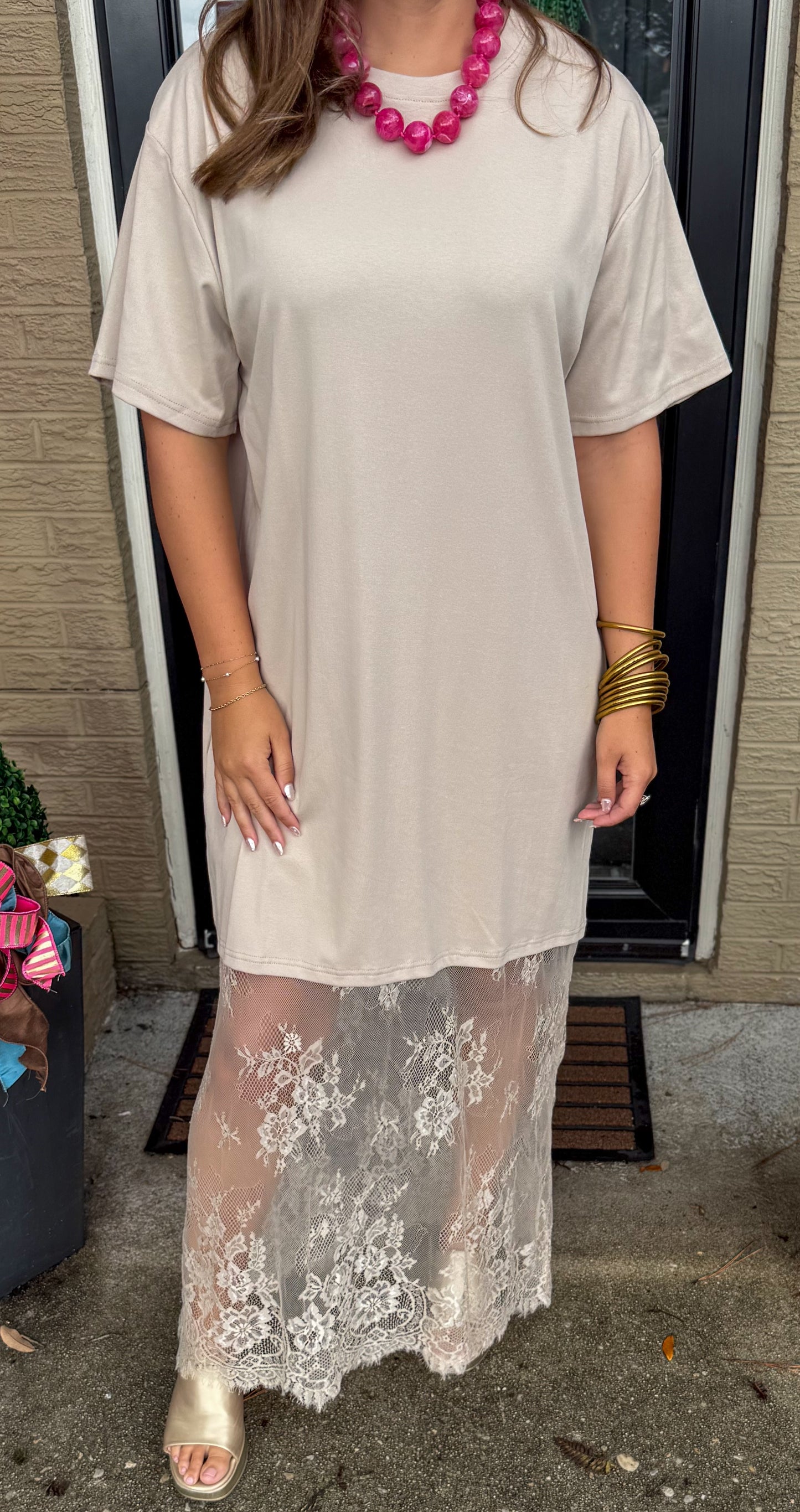 Blake T-Shirt Lace Maxi Dress, Taupe