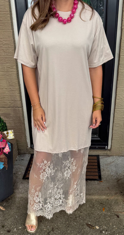 Blake T-Shirt Lace Maxi Dress, Taupe