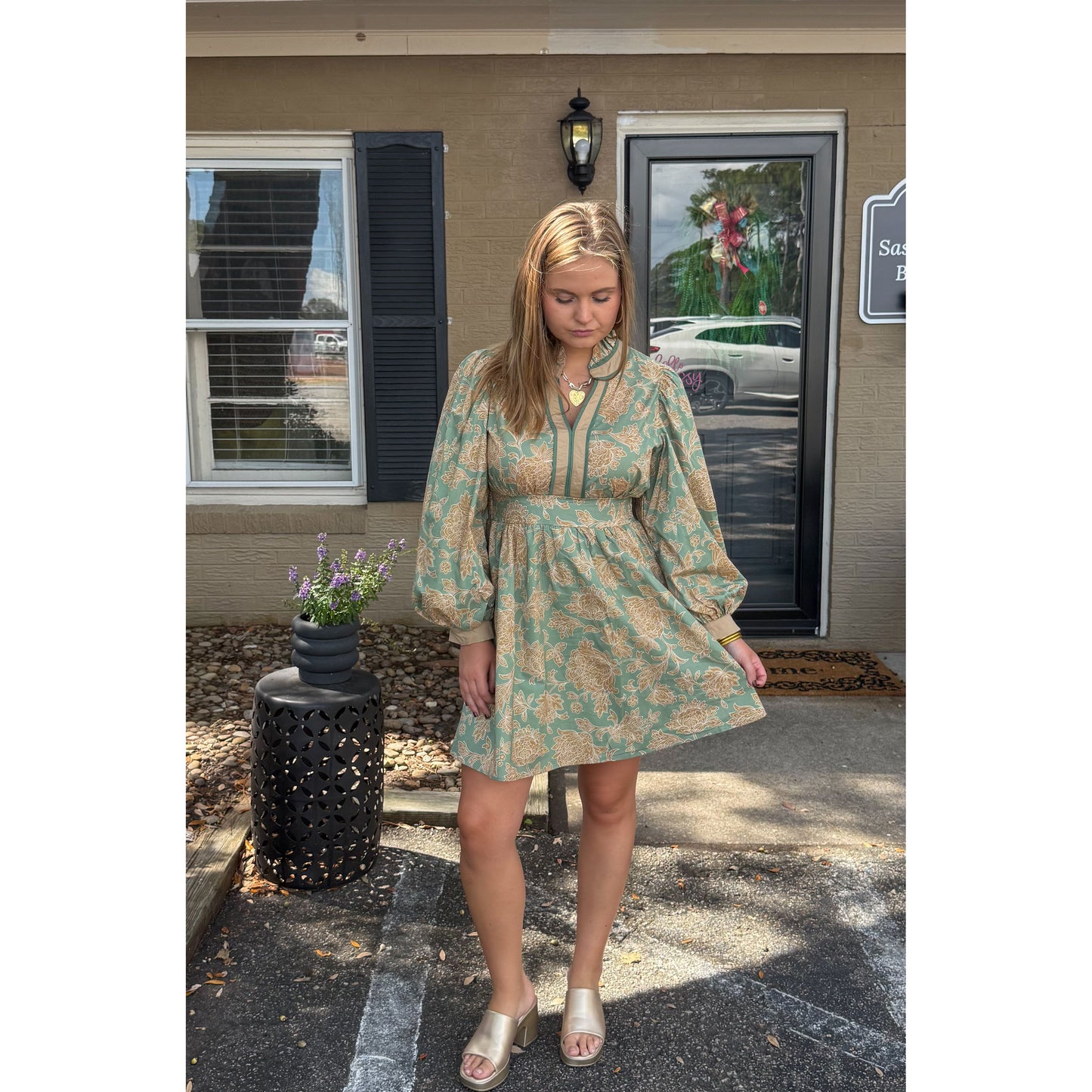 Jordyn Mini Dress, Gold/Sage Green
