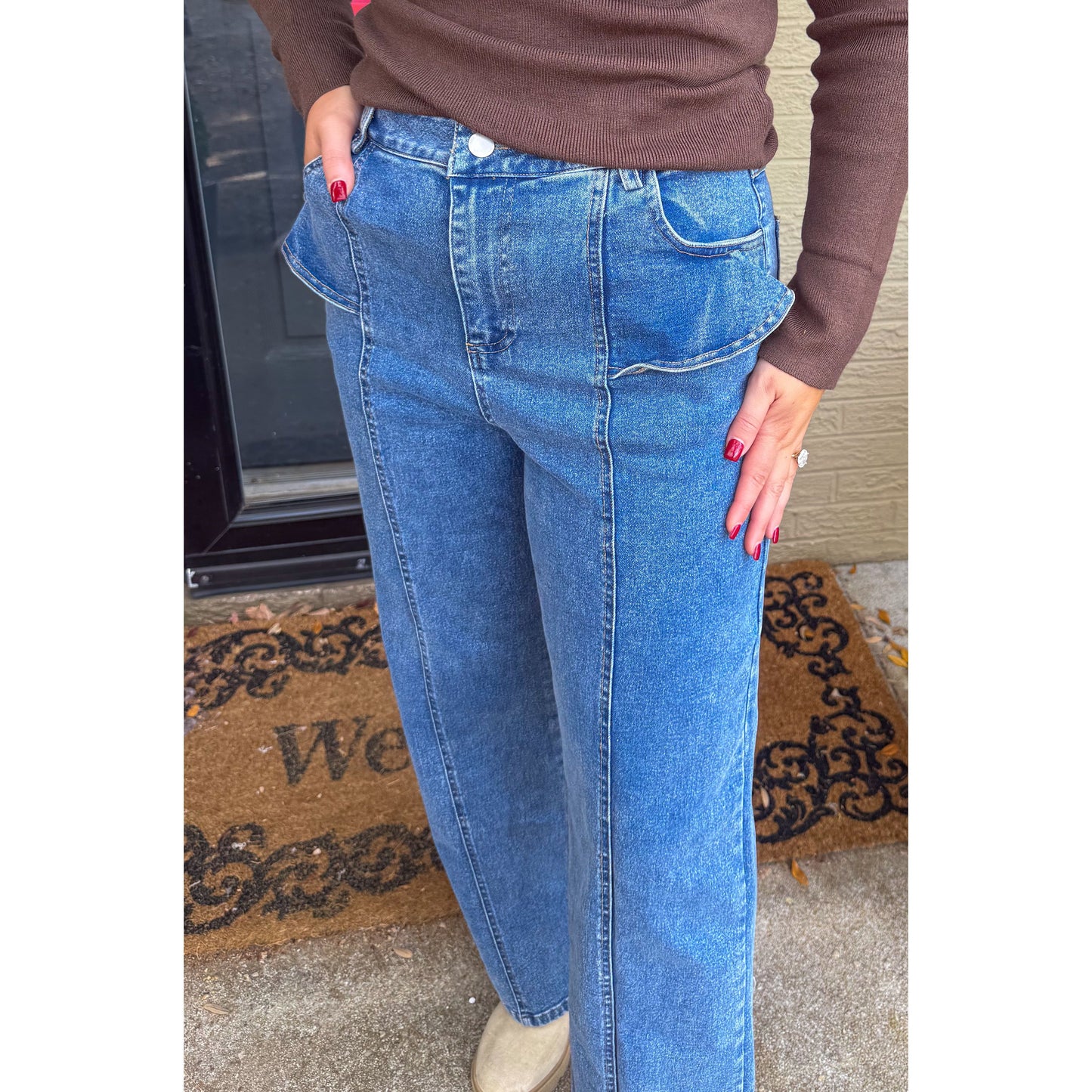 Maddie Ruffle Detail Jeans, Medium Wash