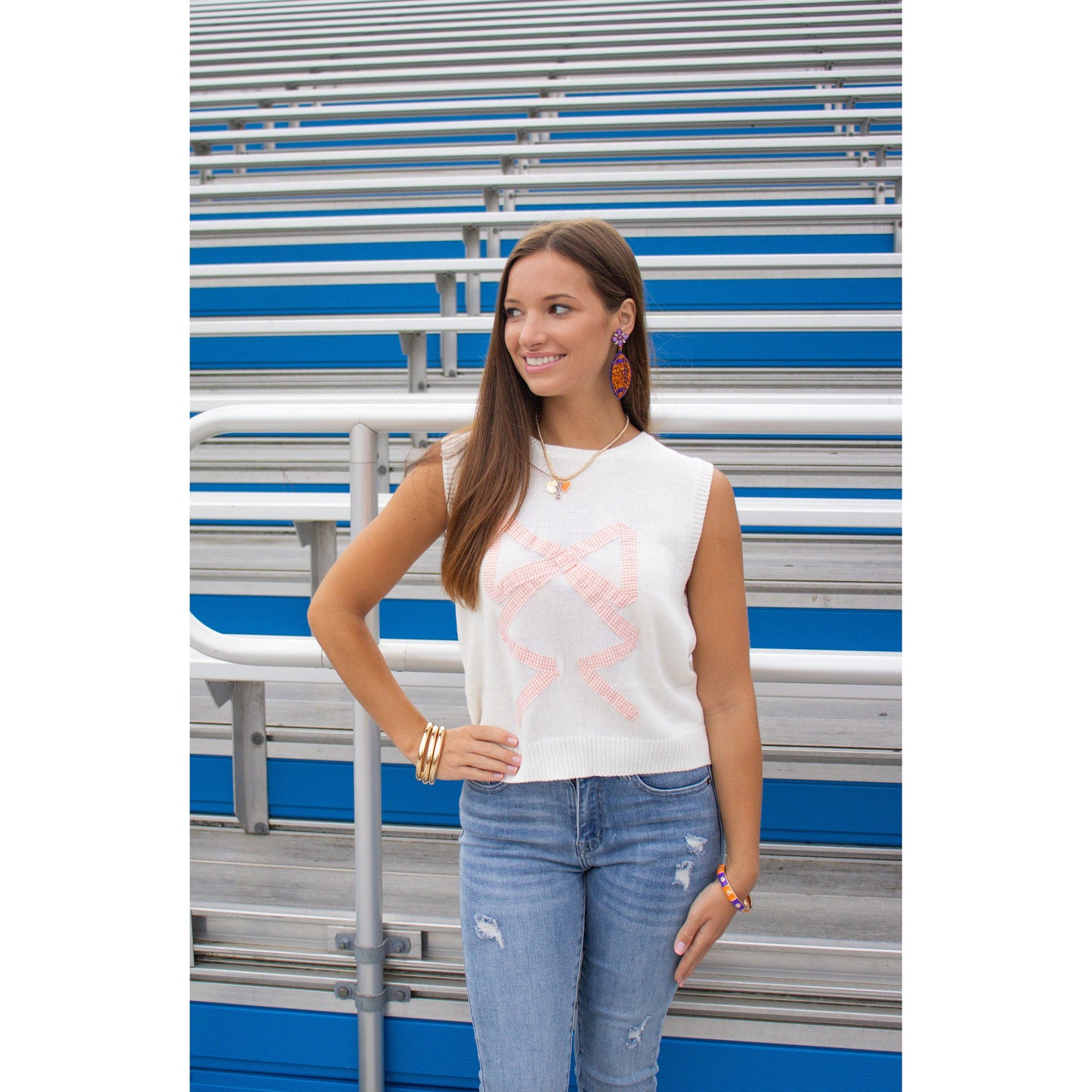 Bow & Gingham Top, Orange/Ivory