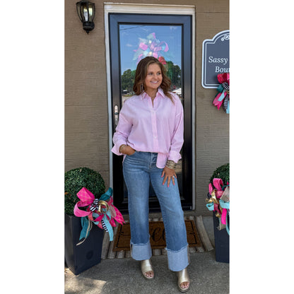 Stripe Button Down Top, Pink/White