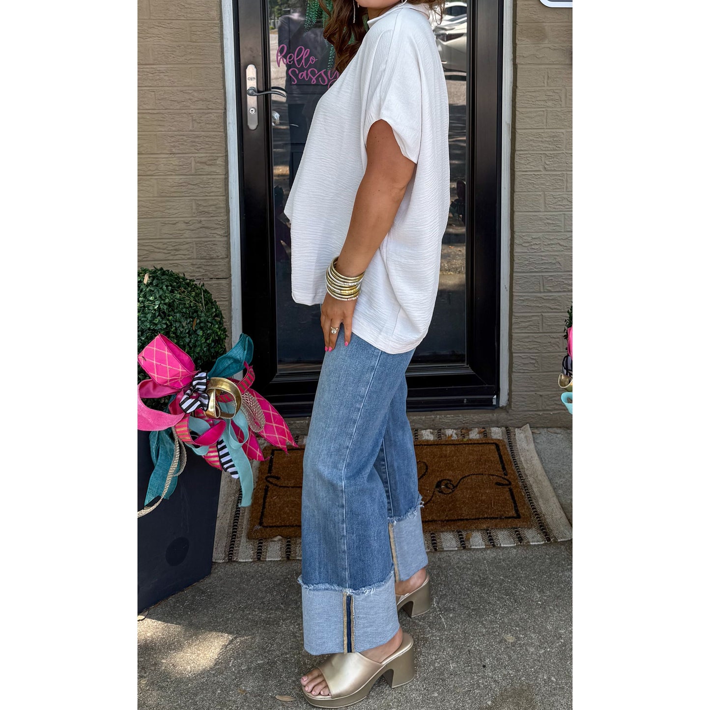 Hannah V-Neck Top, Sand Beige