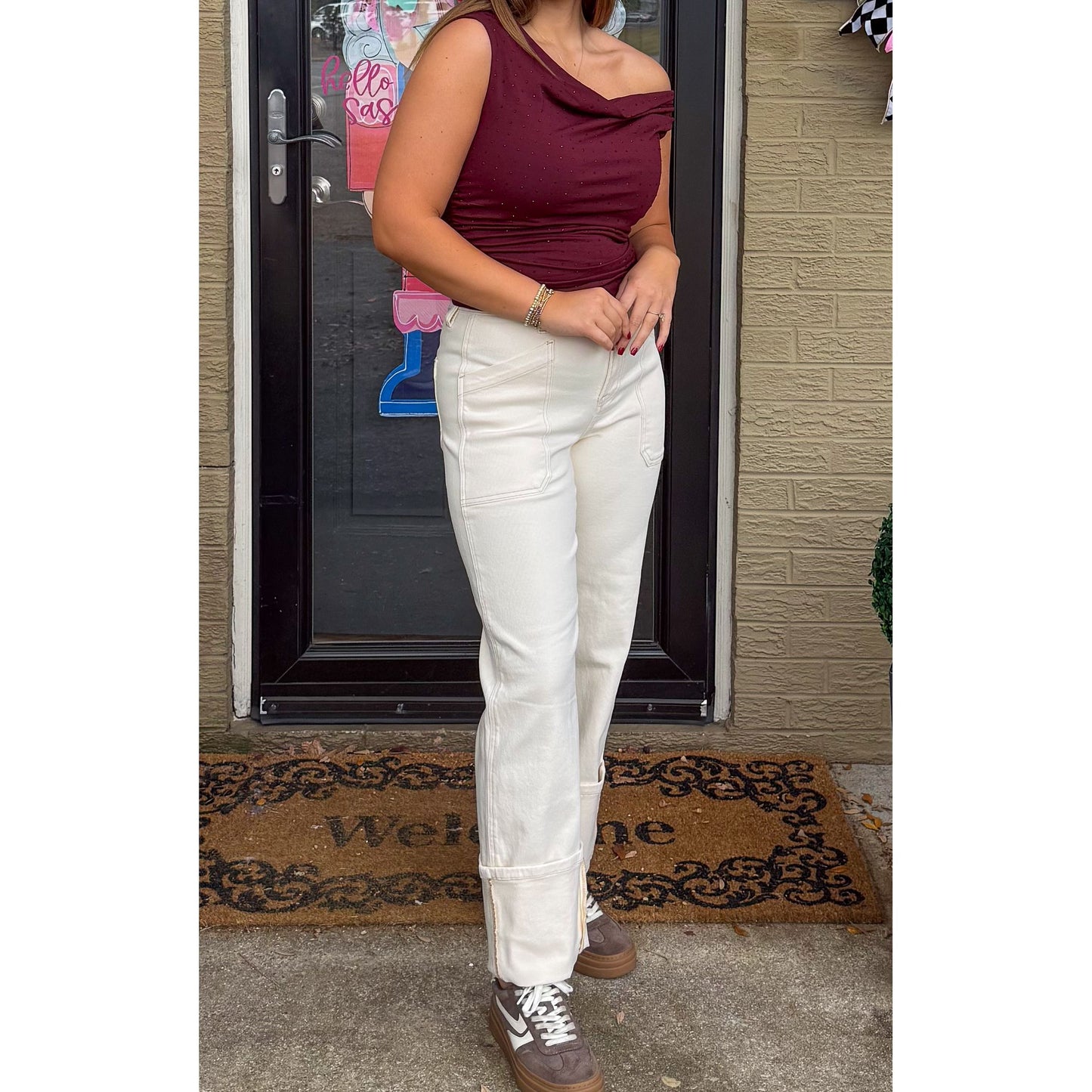 Cuffed Ivory Wide Leg Jeans