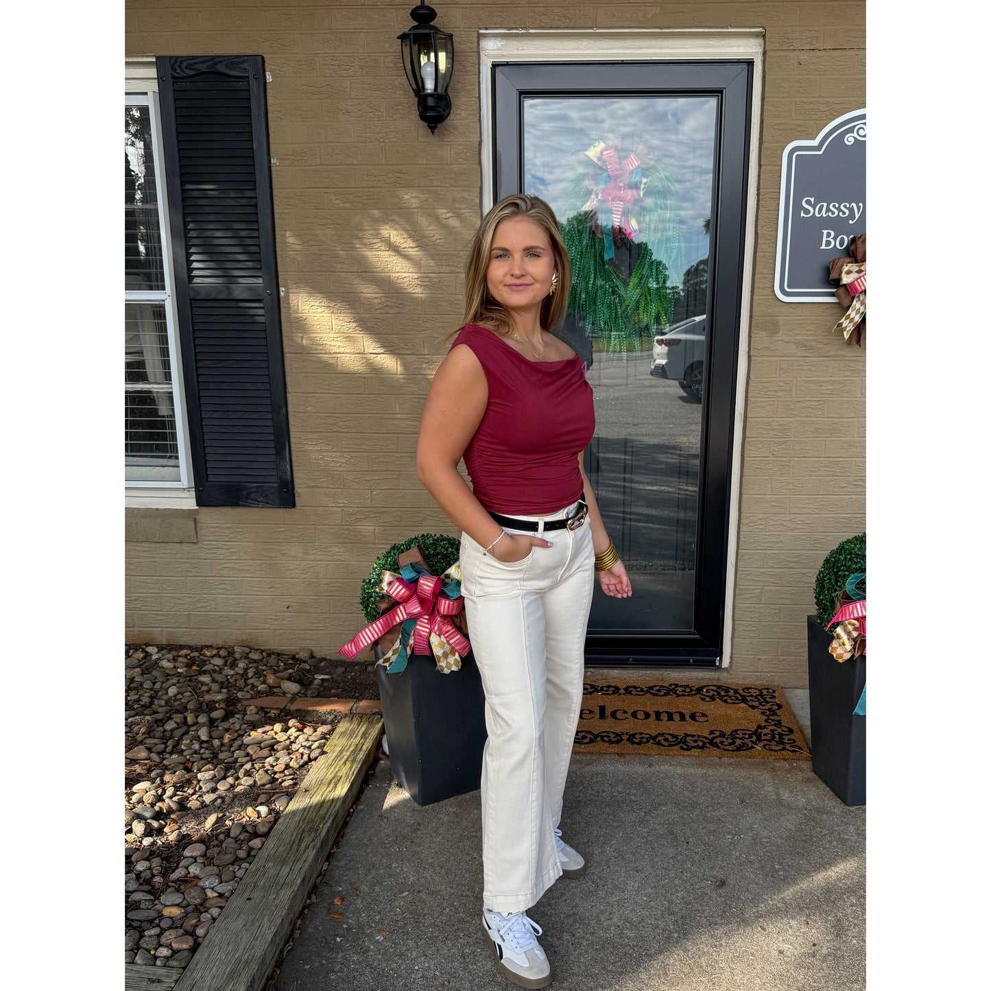 Asymmetrical Neckline Top, Burgundy