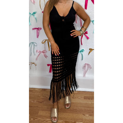 Crochet Knit Midi Dress, Black