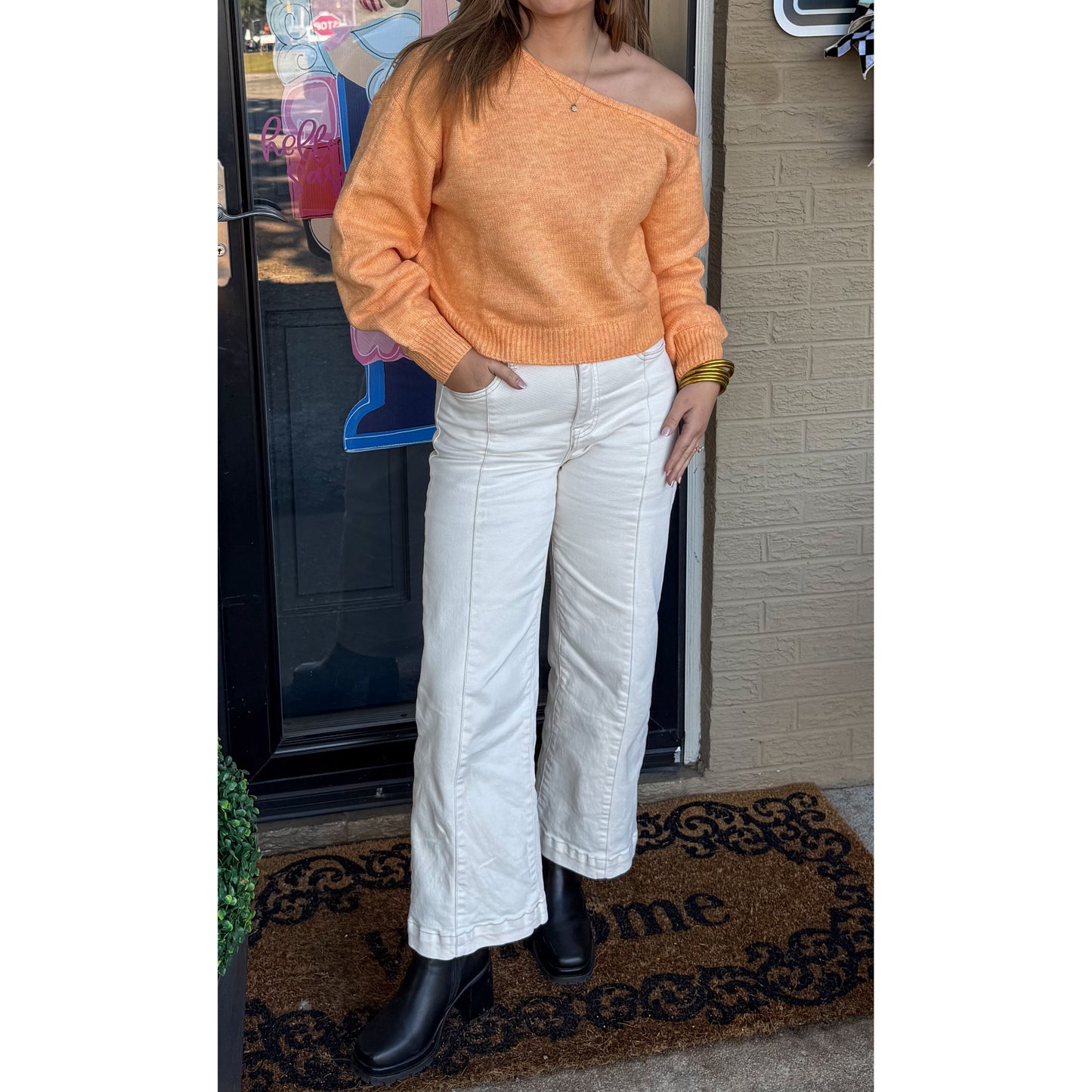 Noelle Asymmetrical Neckline Sweater, Light Orange