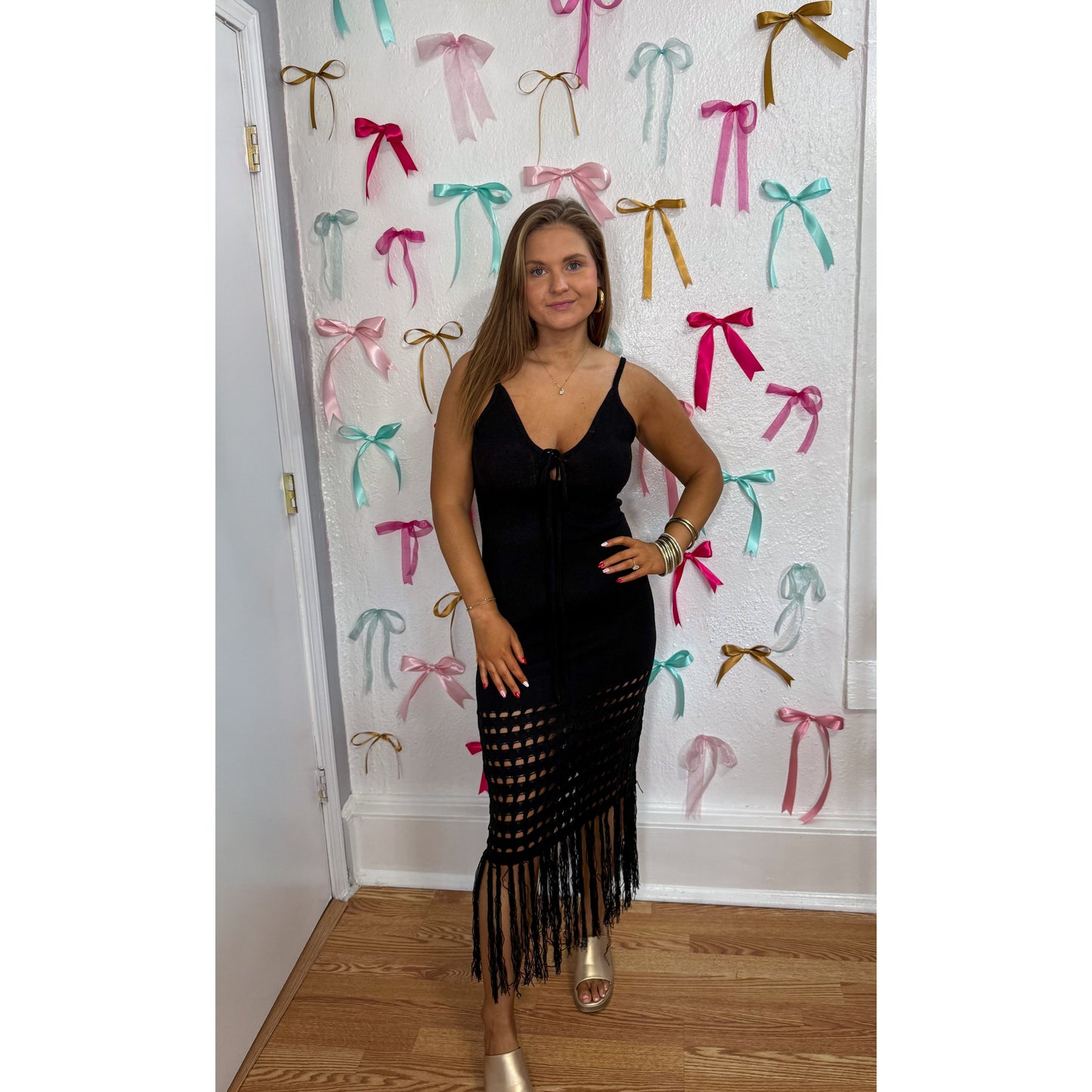 Crochet Knit Midi Dress, Black