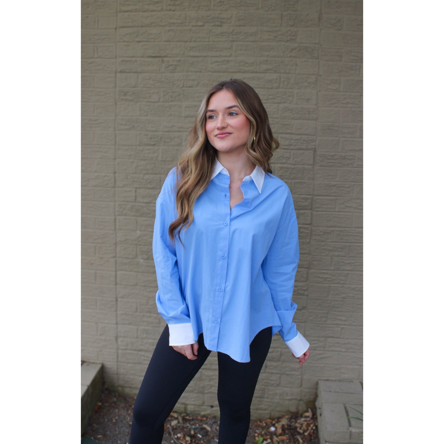 Chambray Button Down Blouse, White/Baby Blue