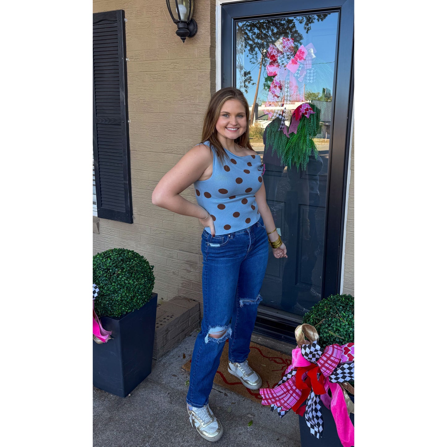 Polka Dot Asymmetrical Detail Top, Blue/Brown