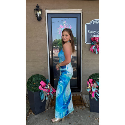 Watercolor Halter Detail Maxi Dress, Blue Multi