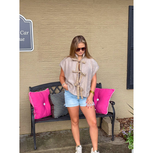 Maisie Sherpa Vest w/ Plaid Detail, Taupe Multi