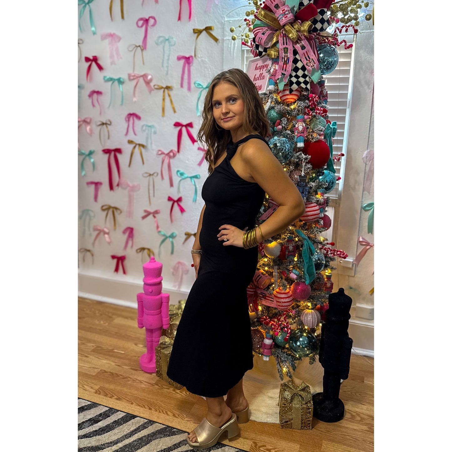 One Shoulder Black Midi Dress