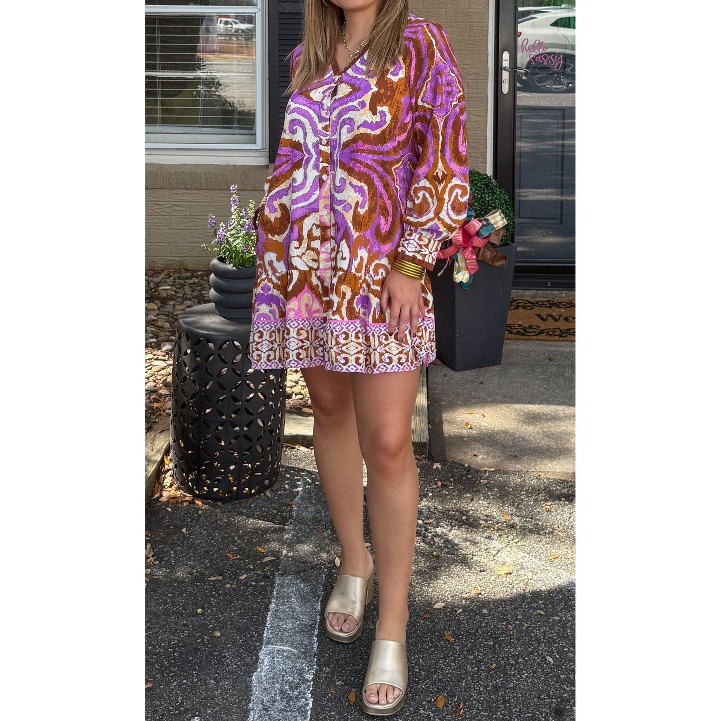 Catherine Pattern Mini Dress, Purple Multi