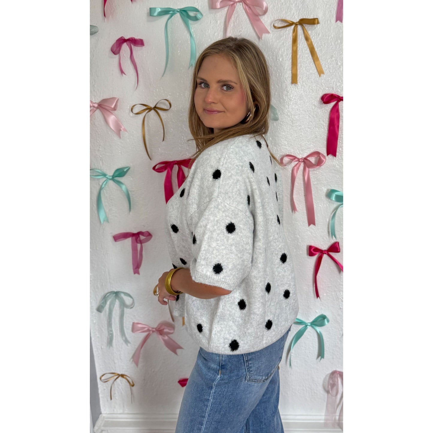 Polka Dot Sweater Cardigan, Grey/Black