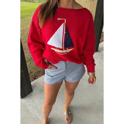 Boat Graphic Sweater, Red Multi