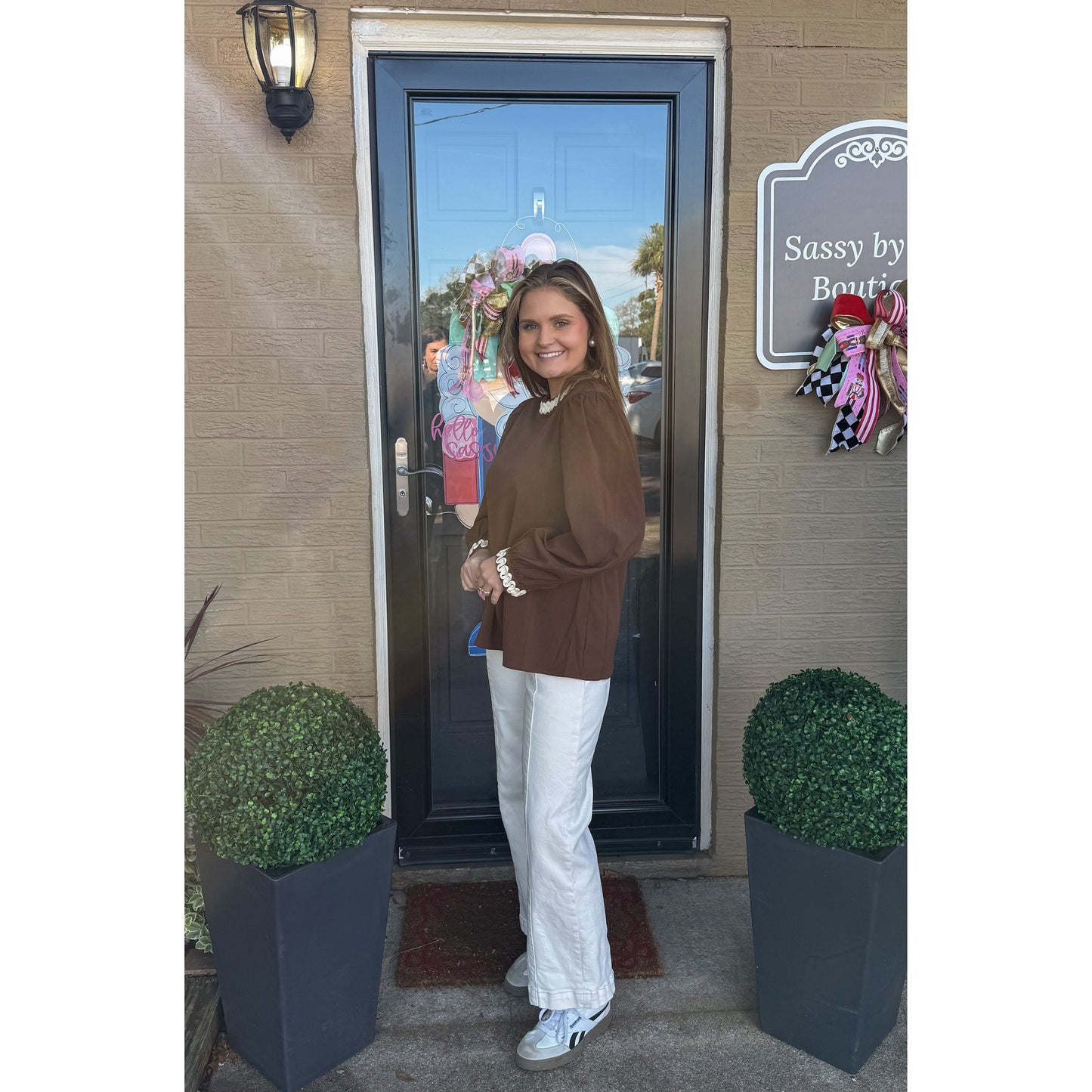 Brooke Detail Blouse, Brown/Ivory