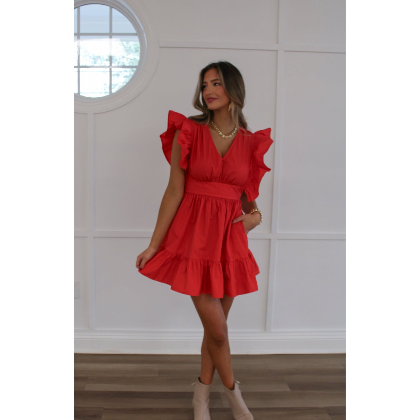 Mae Ruffle Mini Dress, Red