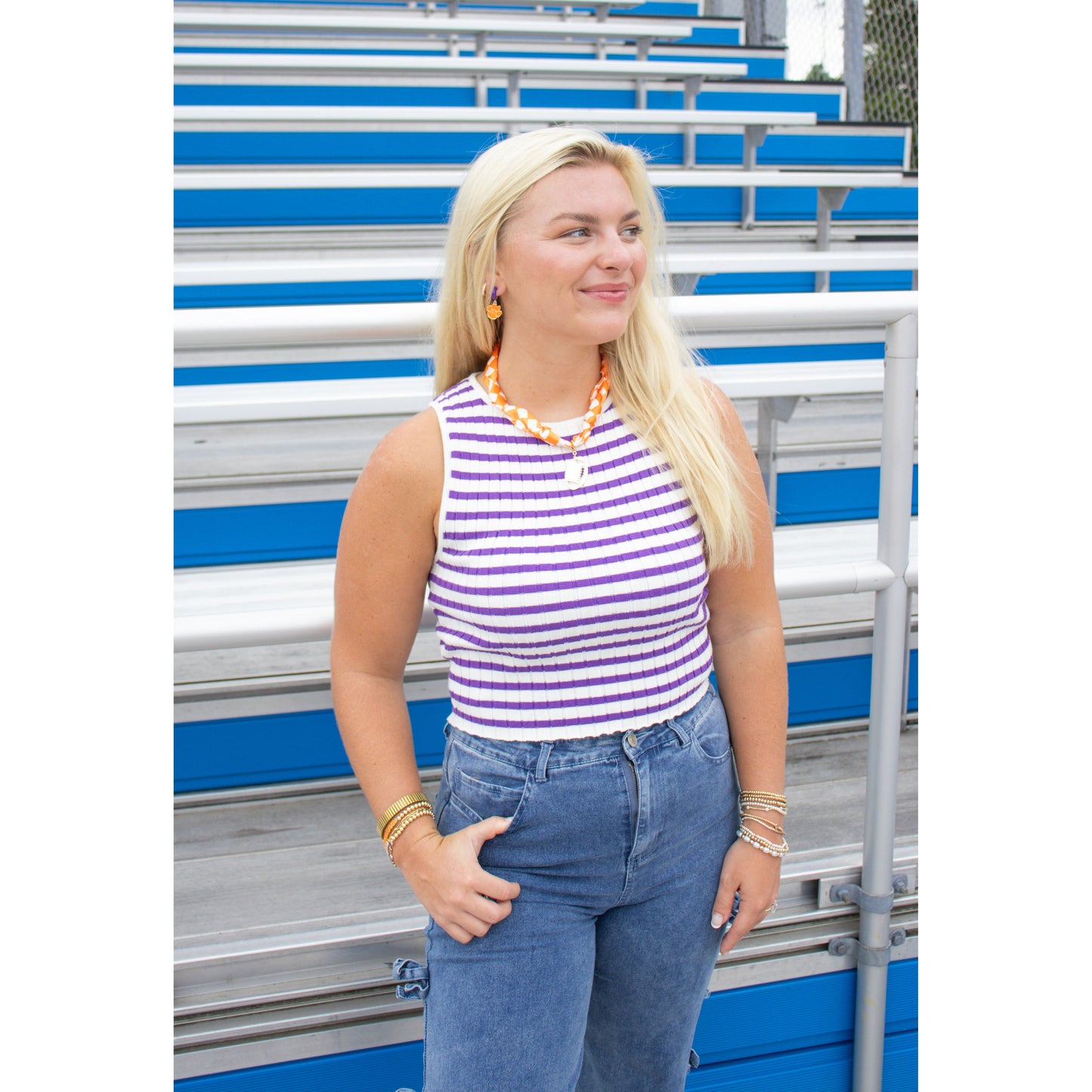 Collins Stripe Top, White/Purple