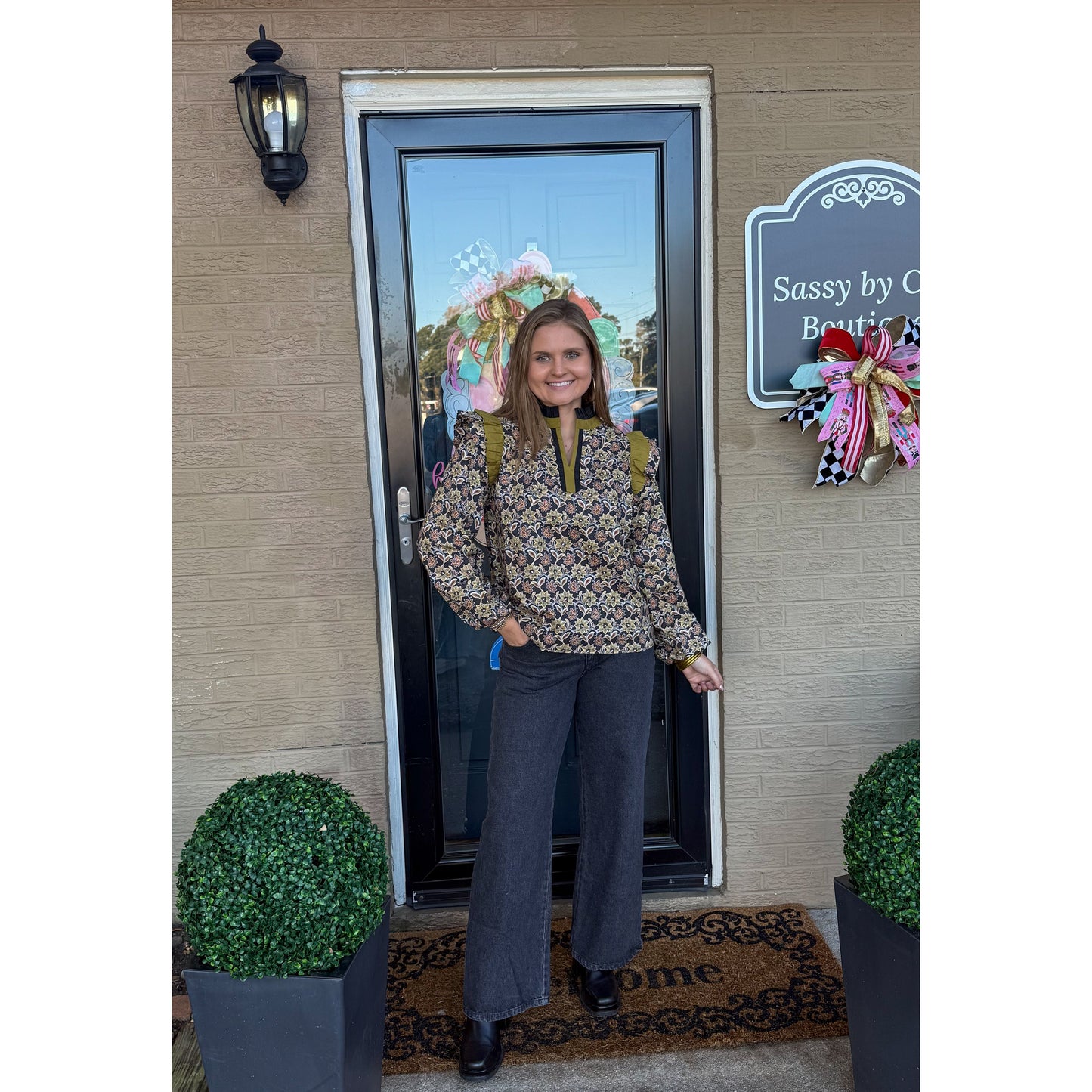 Chartreuse/Black Pattern Blouse