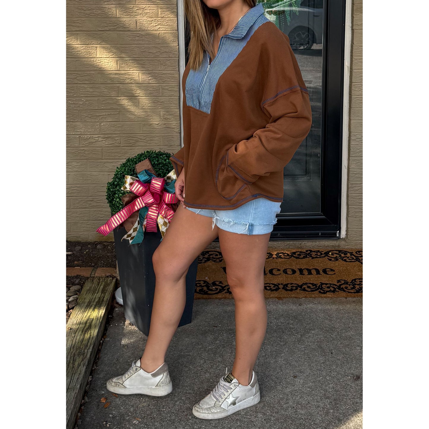 Amy French Terry Sweatshirt, Chocolate/Denim