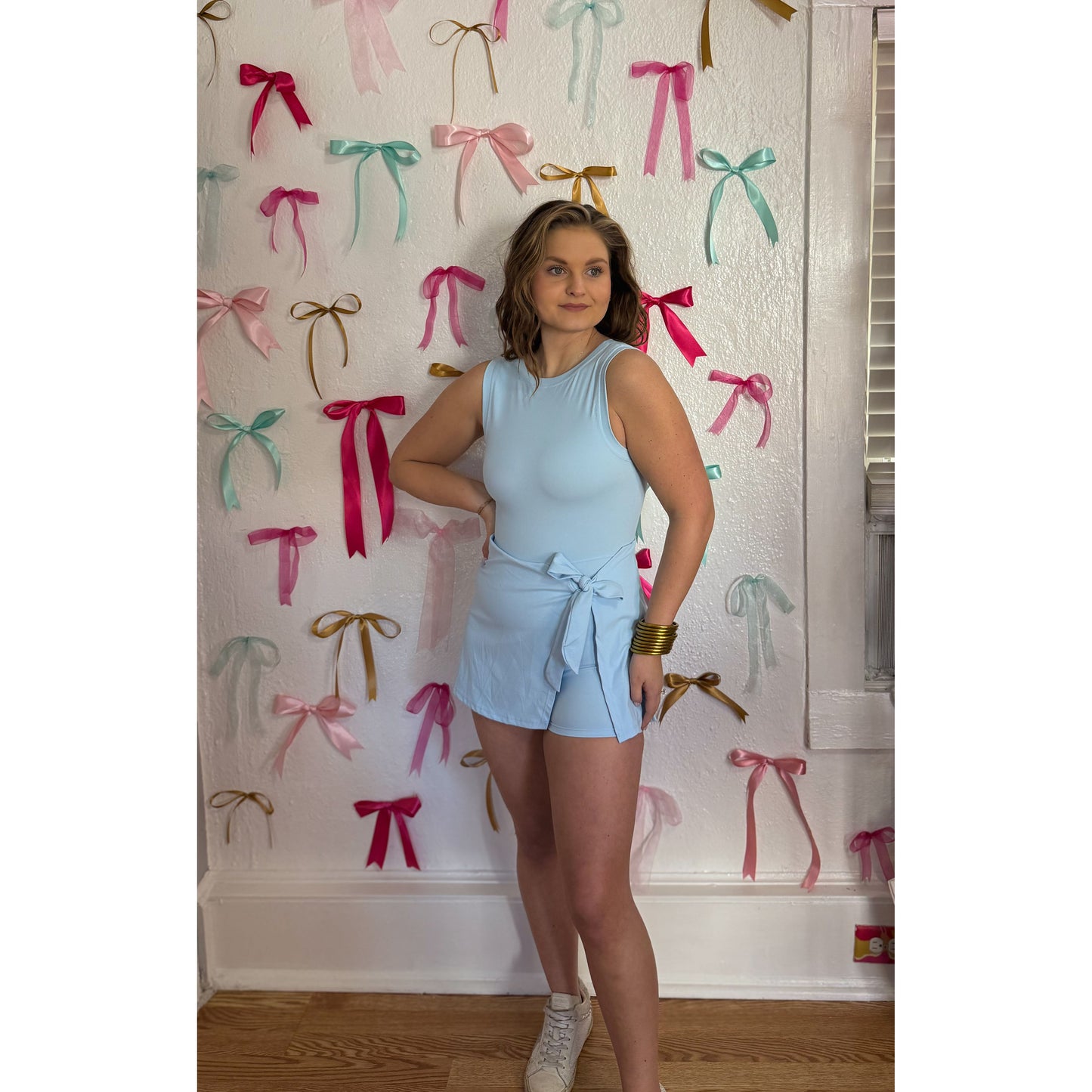 Sarah Athleisure Tie Romper, Baby Blue