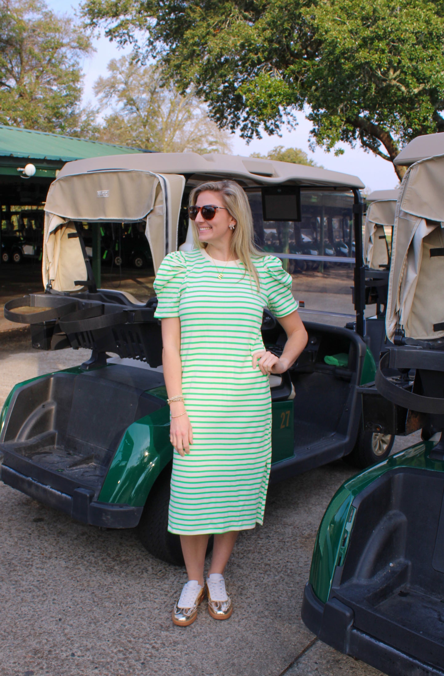 Put it on the Green Stripe Midi Dress, Kelly Green/Cream