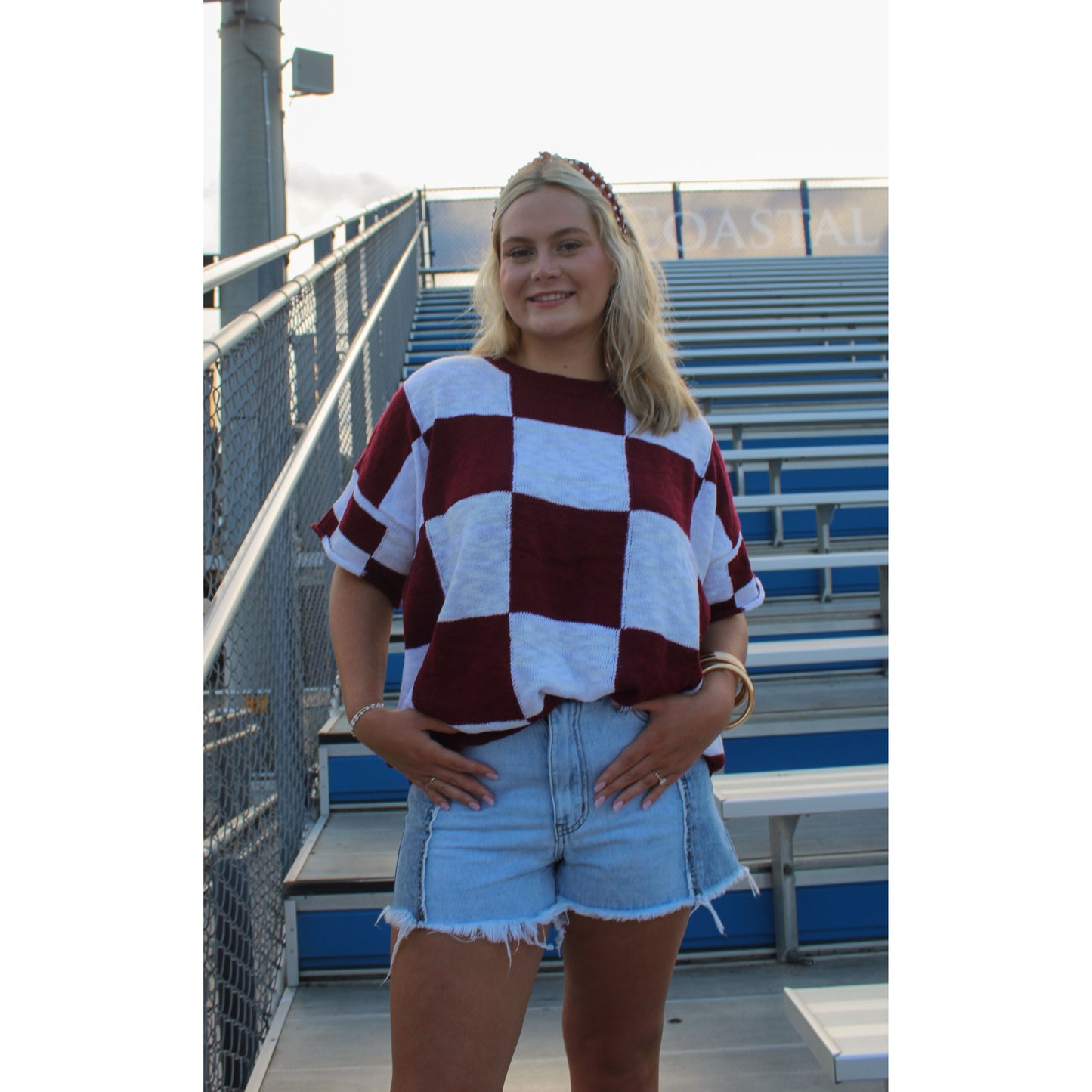 Goal Line Checkered Top, Garnet/White