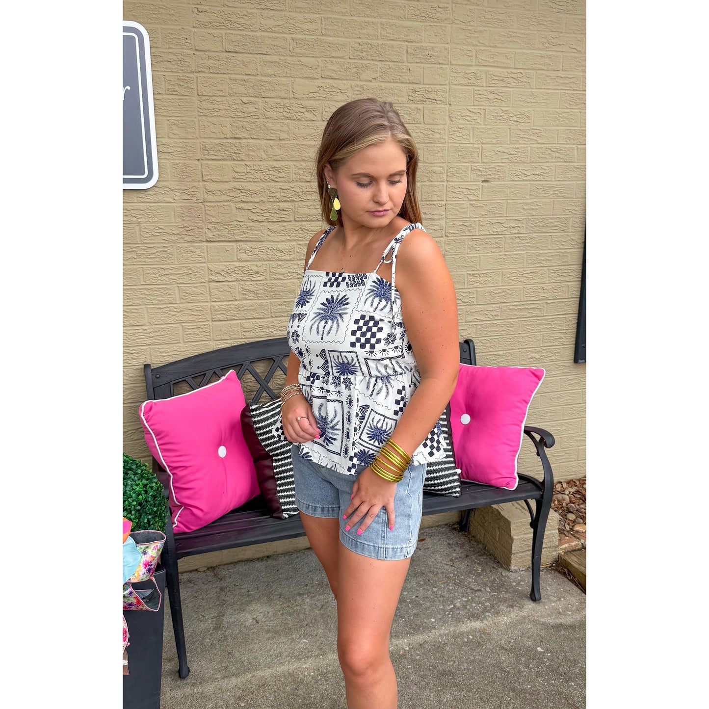 Abstract Print Top, Ivory/Navy