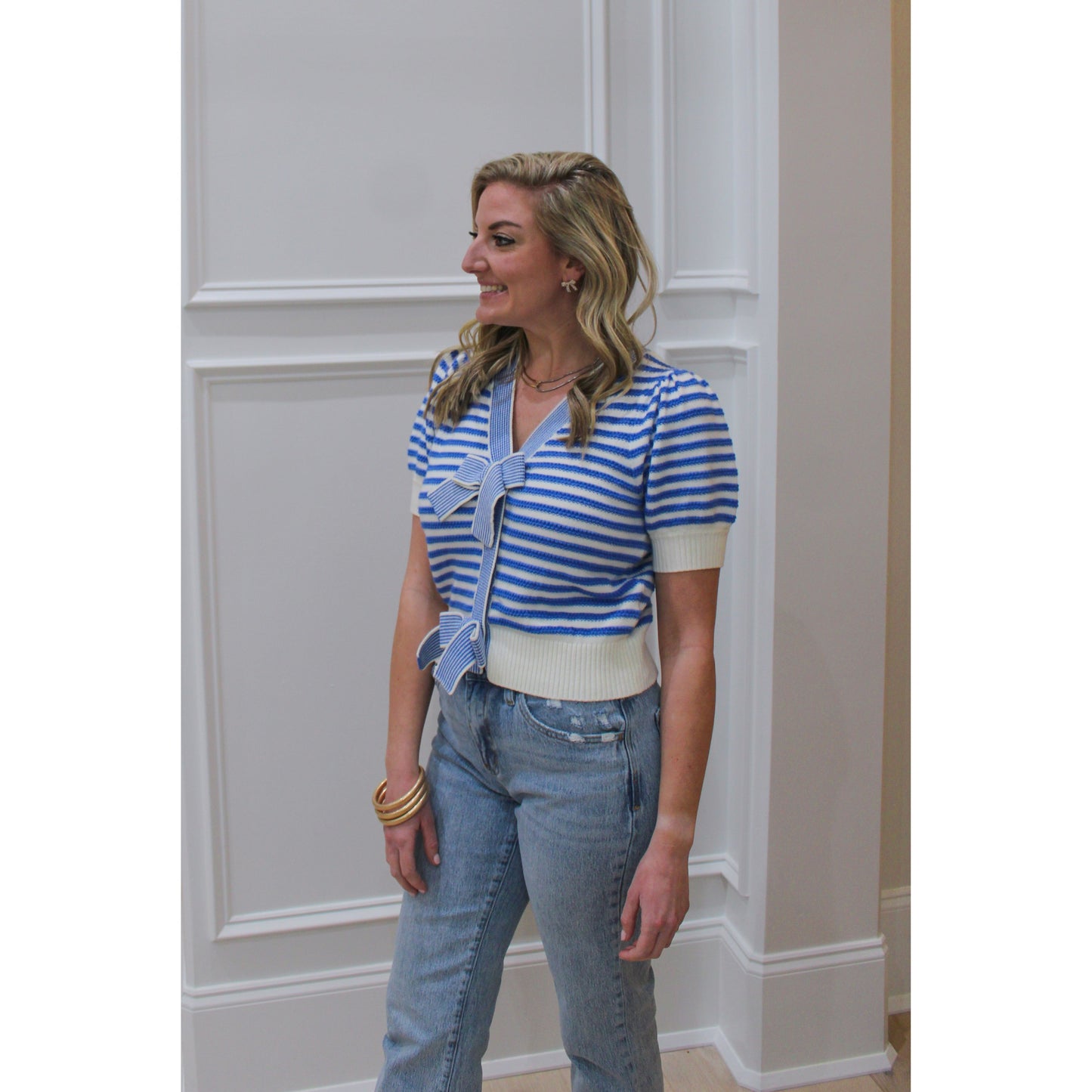 Phoebe Stripe Top, Blue/Cream