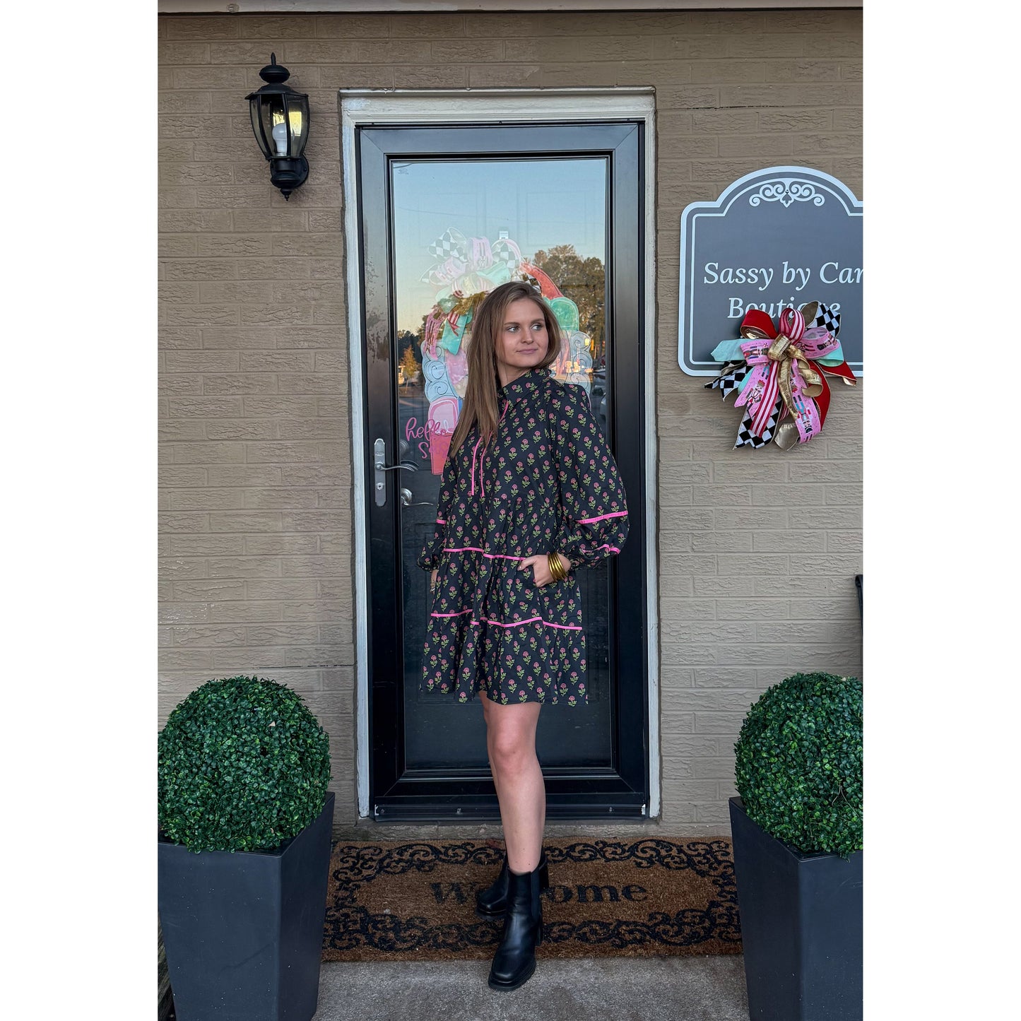 Evie Pattern Mini Dress, Black Multi