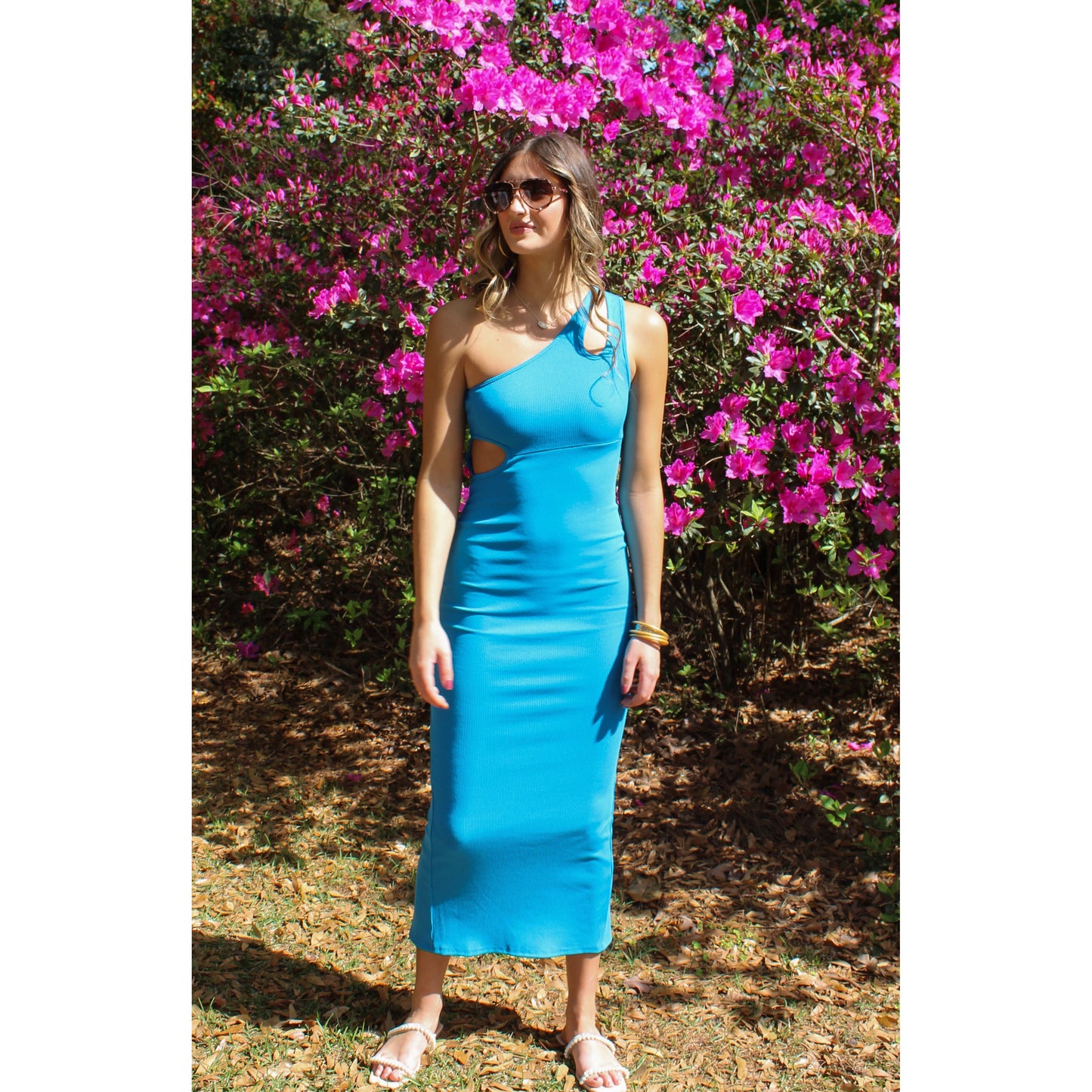 Bridget Ribbed Midi Dress, Aqua Blue