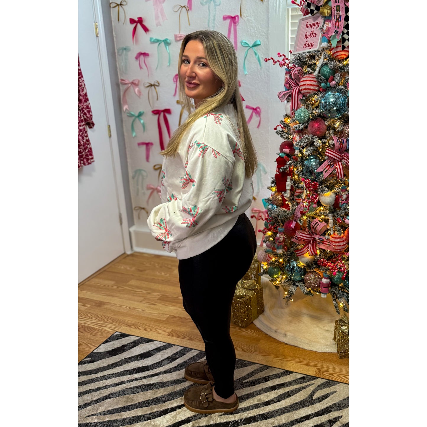 Plaid Bow Pullover, Red/Green/Grey