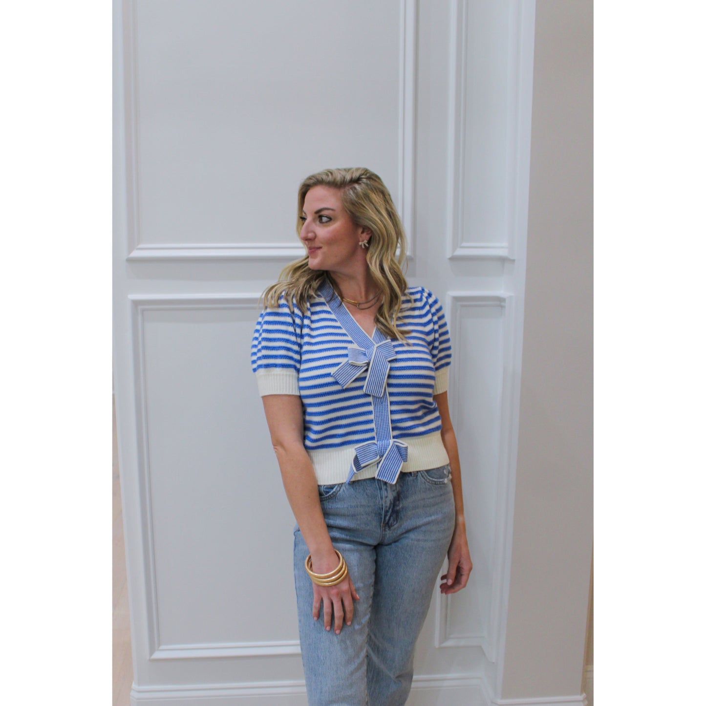 Phoebe Stripe Top, Blue/Cream