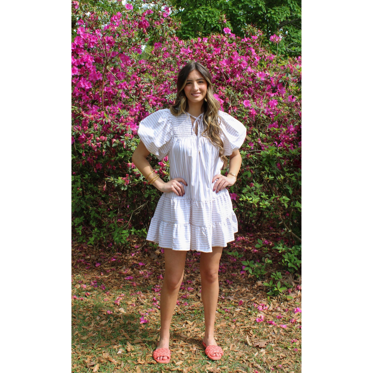 Wren Stripe Mini Dress, Taupe/White