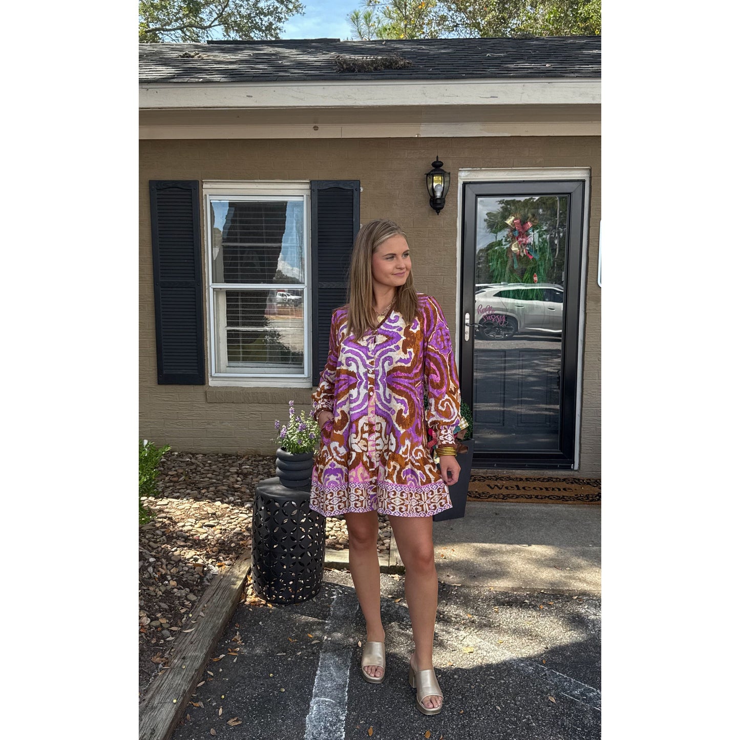 Catherine Pattern Mini Dress, Purple Multi