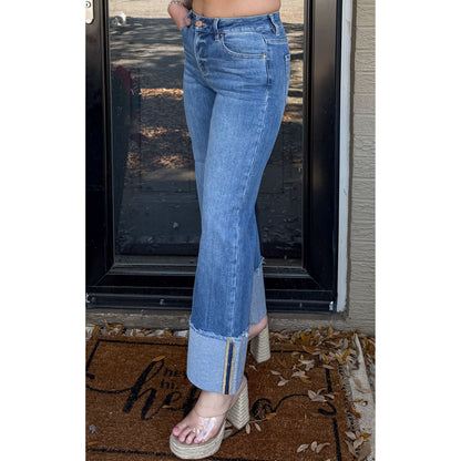 Lilly Cuffed Mid Rise Jeans, Medium Wash