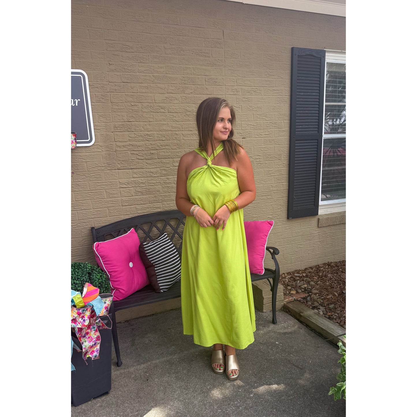 Brynn Halter Midi Dress, Lime Green